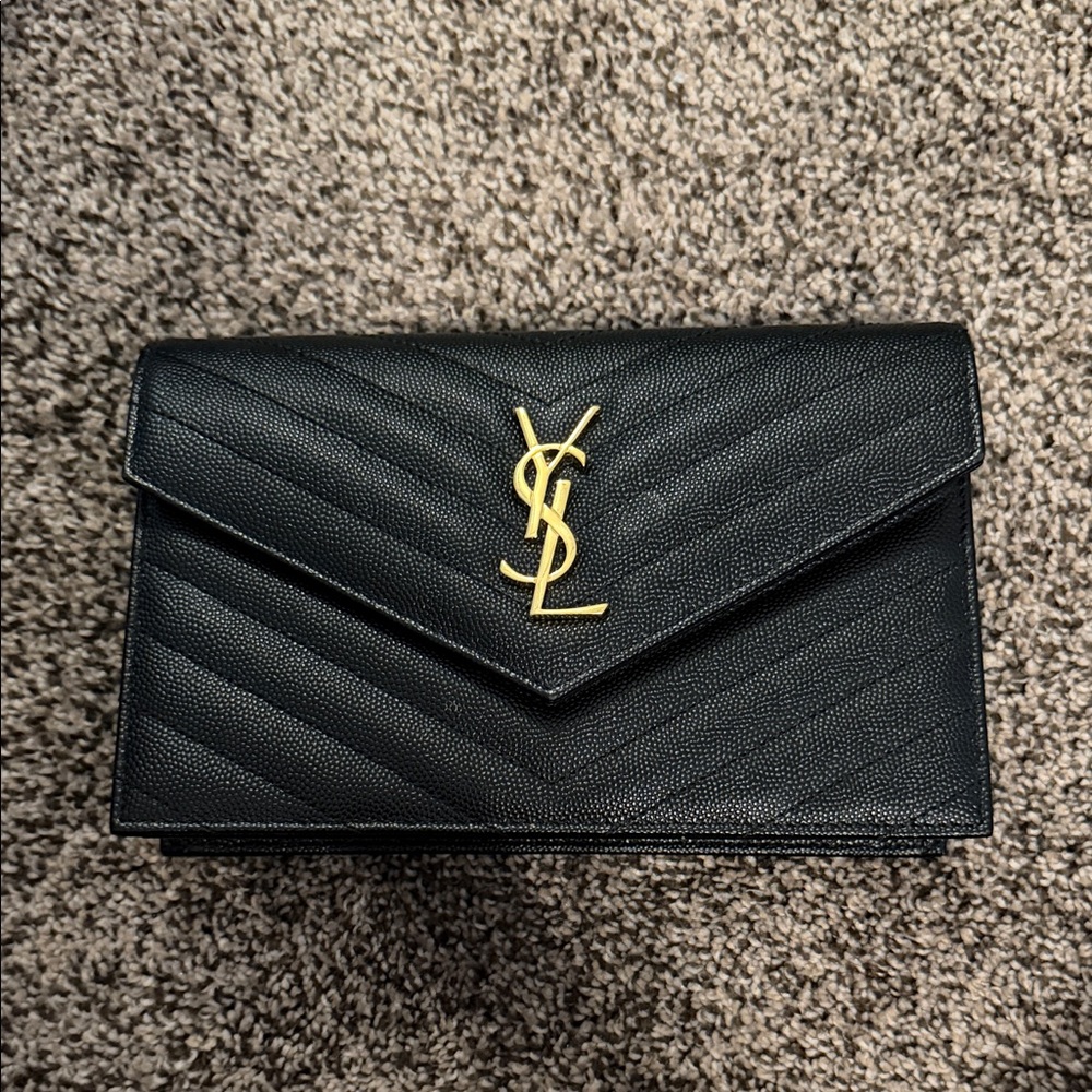 Yves Saint Laurent Black Quilted Clutch with Gold Logo